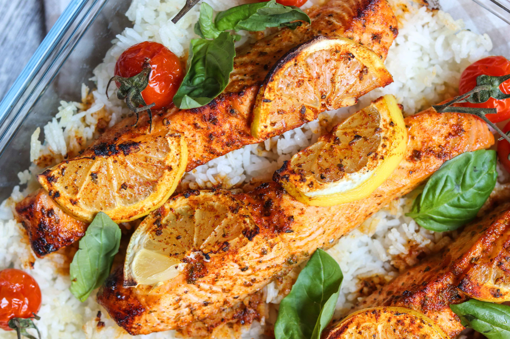 Baked salmon tray with rice & tomatoes
