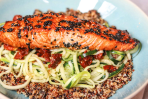 aked salmon with zoodles & quinoa