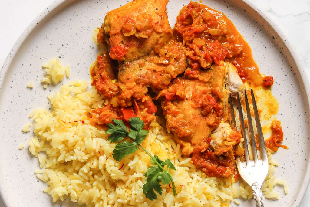 Simple chicken curry with saffron rice